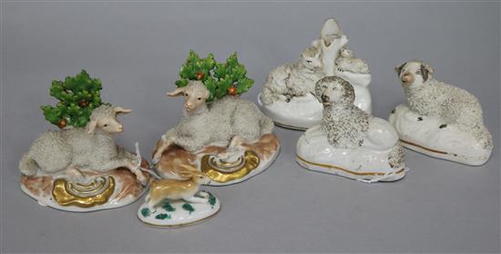 A pair of Samson porcelain sheep bocage figures, a similar hare, a Staffordshire recumbent sheep and two poodles